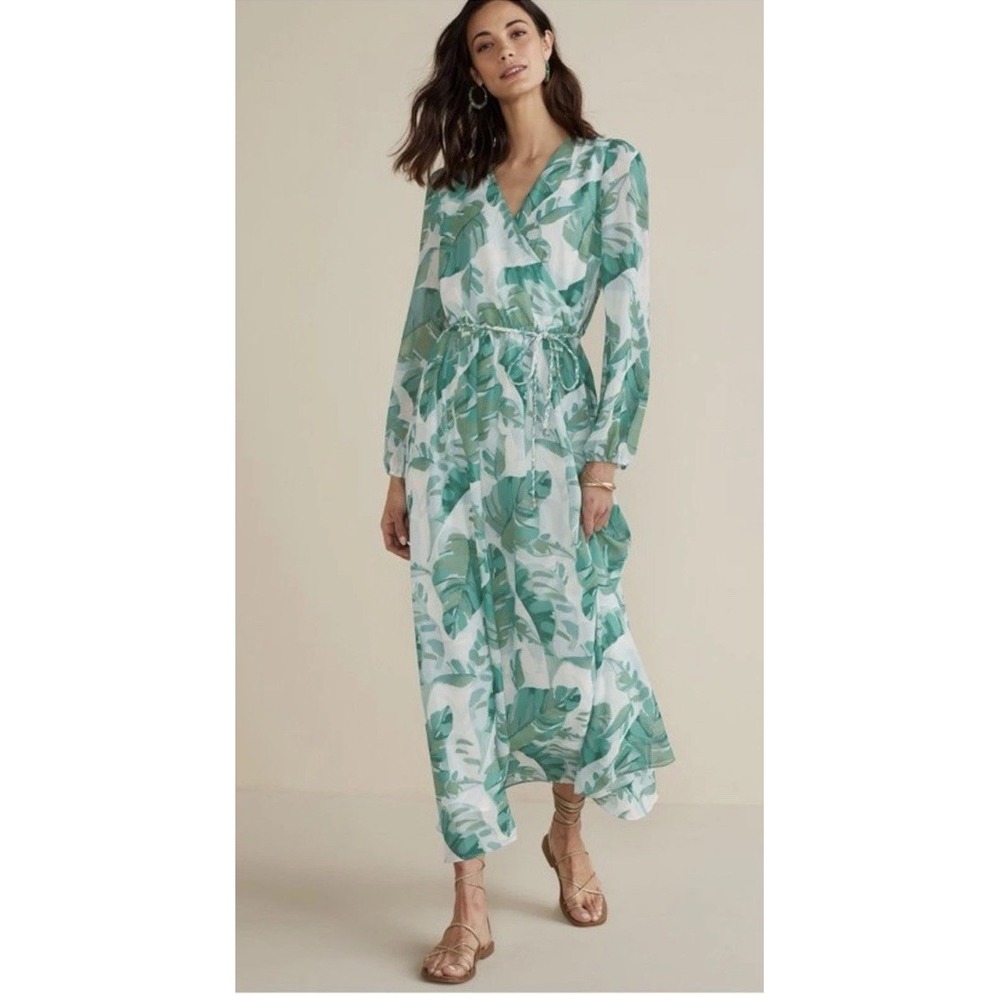 Soft Surroundings Kaia Maxi Dress Large Palm Print Flowy Faux Wrap Effortless